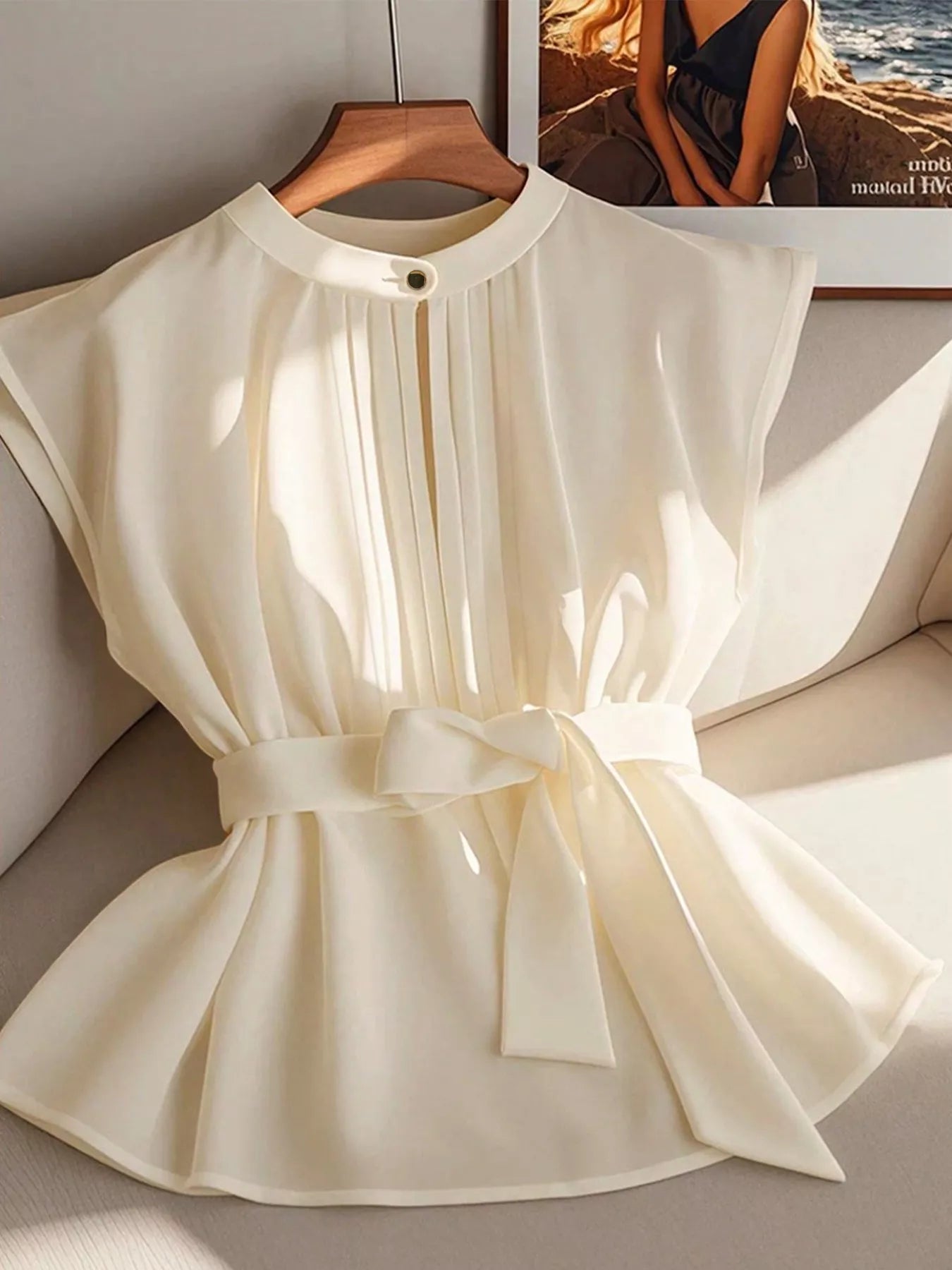 Sleeveless Pleated Blouse with Belt - Flip Flop Dynasty