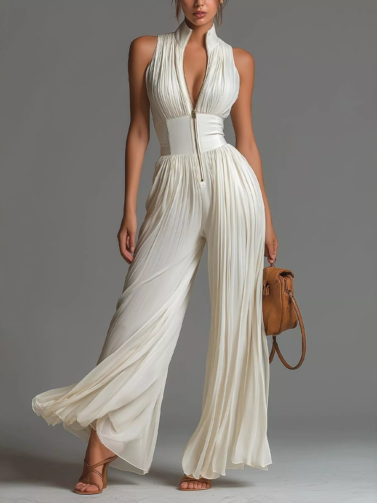 Sleeveless Pleated Jumpsuit with Front Zipper - Flip Flop Dynasty