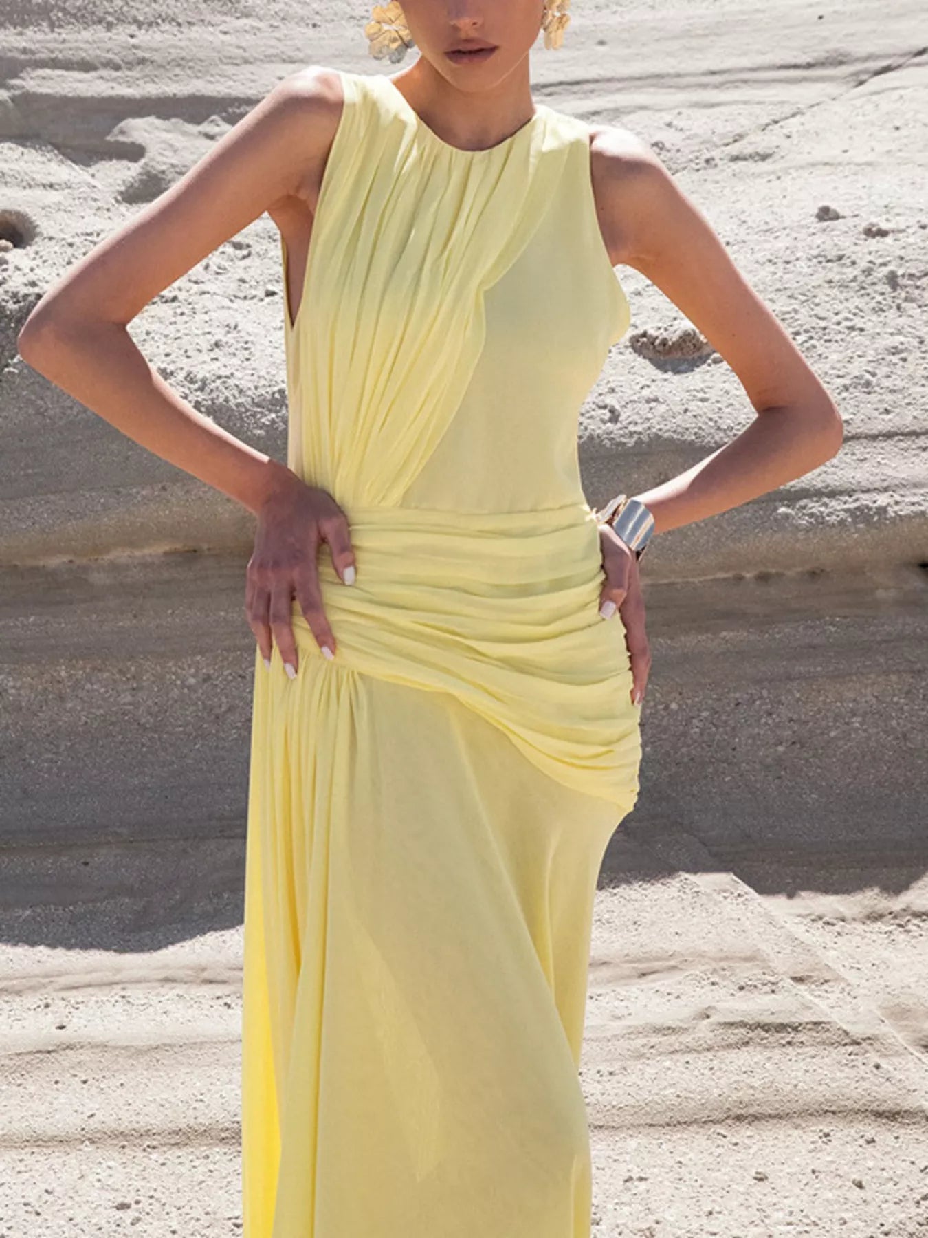 Sleeveless Ruched High - Slit Maxi Dress - Flip Flop Dynasty