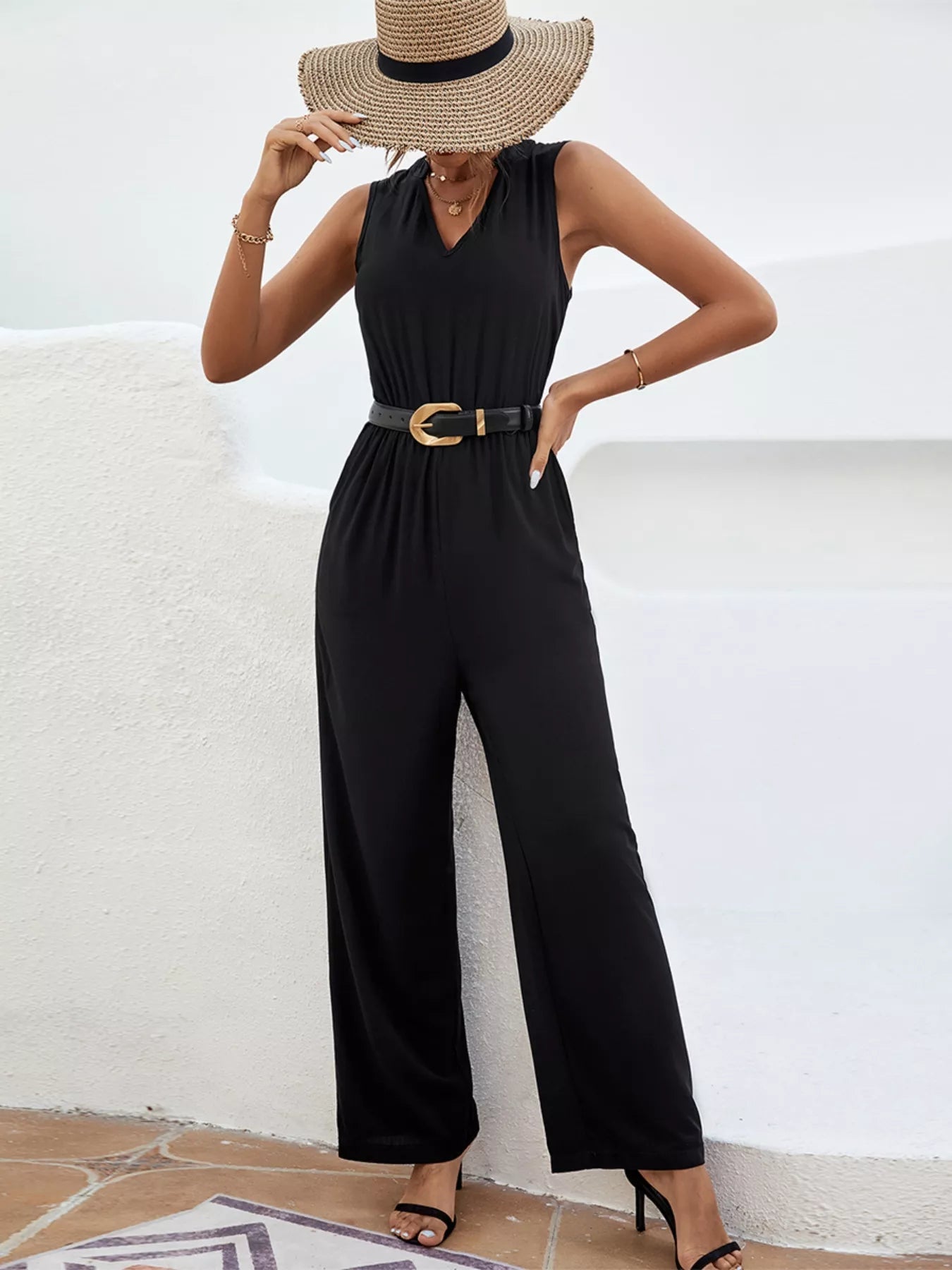 Sleeveless V - Neck Wide Leg Jumpsuit - Flip Flop Dynasty