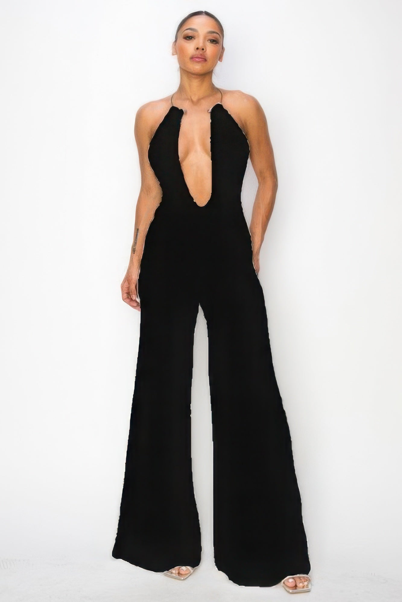 Slinky Wide Leg Jumpsuit W/metal Choker Necklace - Flip Flop Dynasty