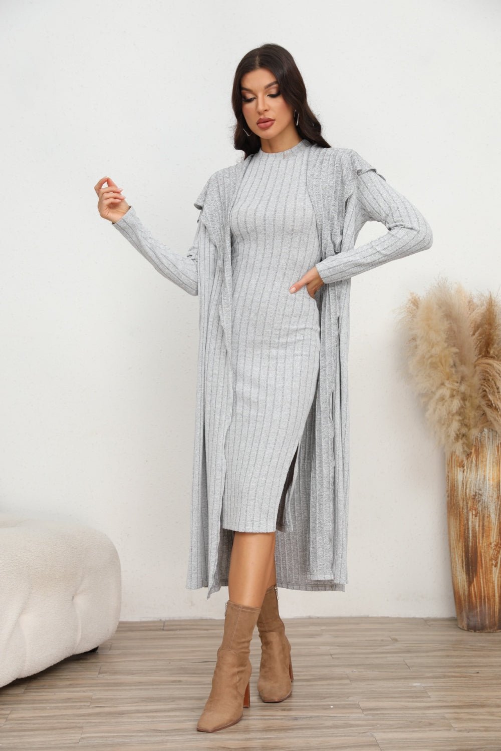 Slit Dress and Longline Cardigan Set - Flip Flop Dynasty