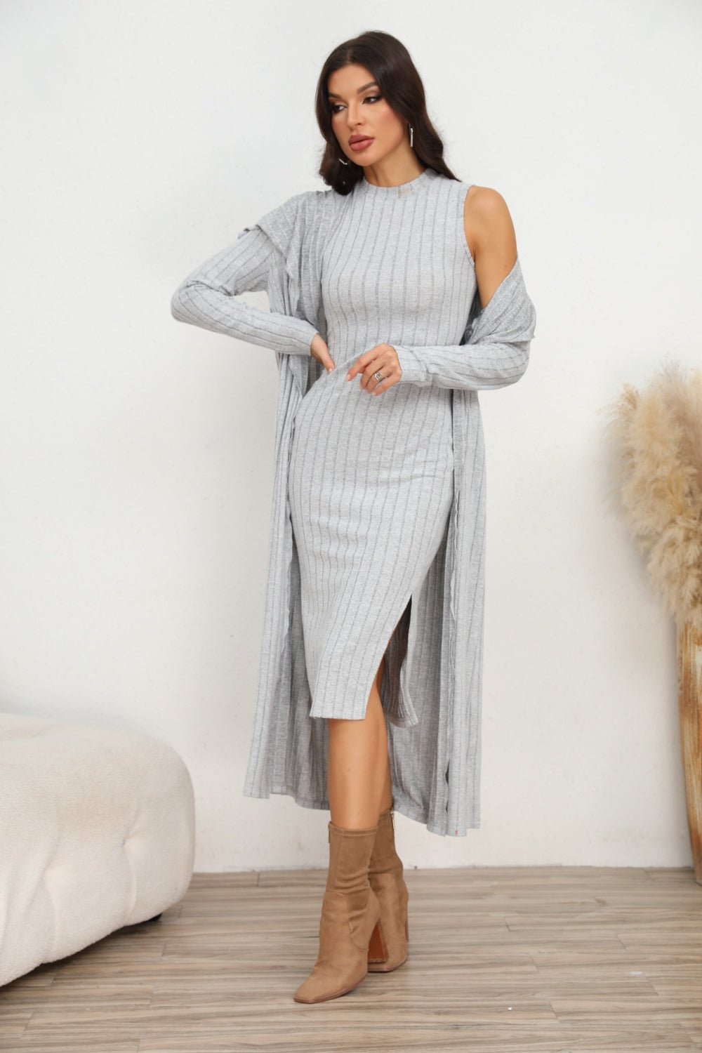 Slit Dress and Longline Cardigan Set - Flip Flop Dynasty