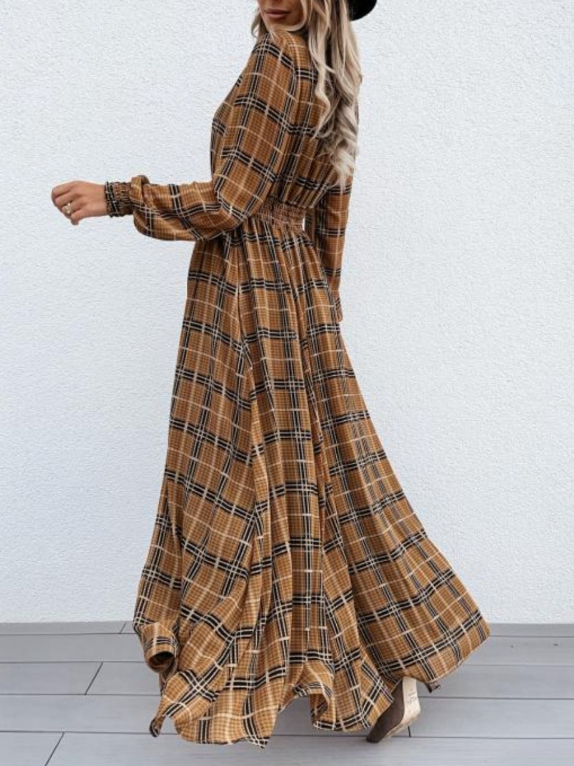 Slit Plaid Tie Neck Long Sleeve Maxi Dress - Flip Flop Dynasty