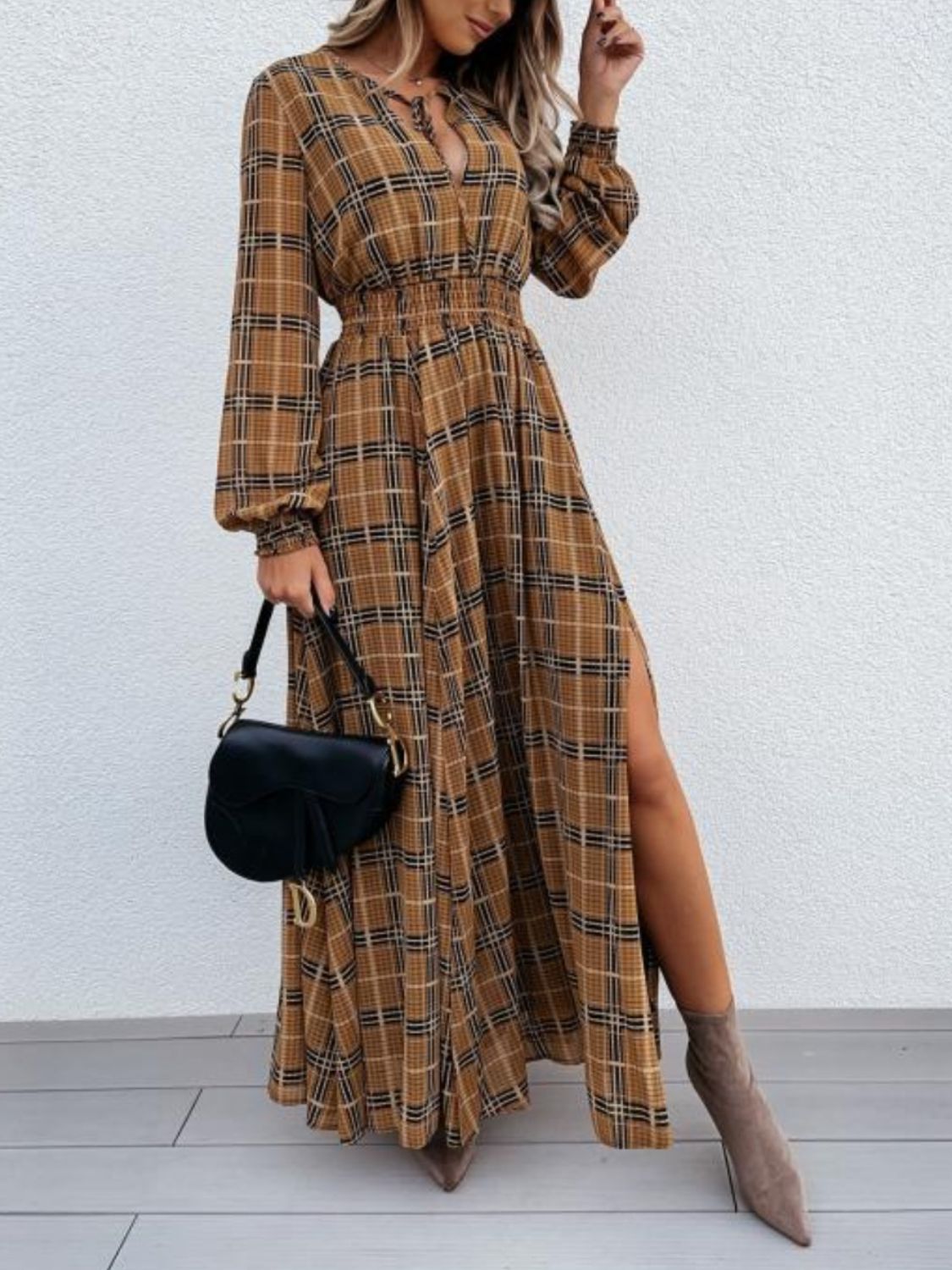 Slit Plaid Tie Neck Long Sleeve Maxi Dress - Flip Flop Dynasty