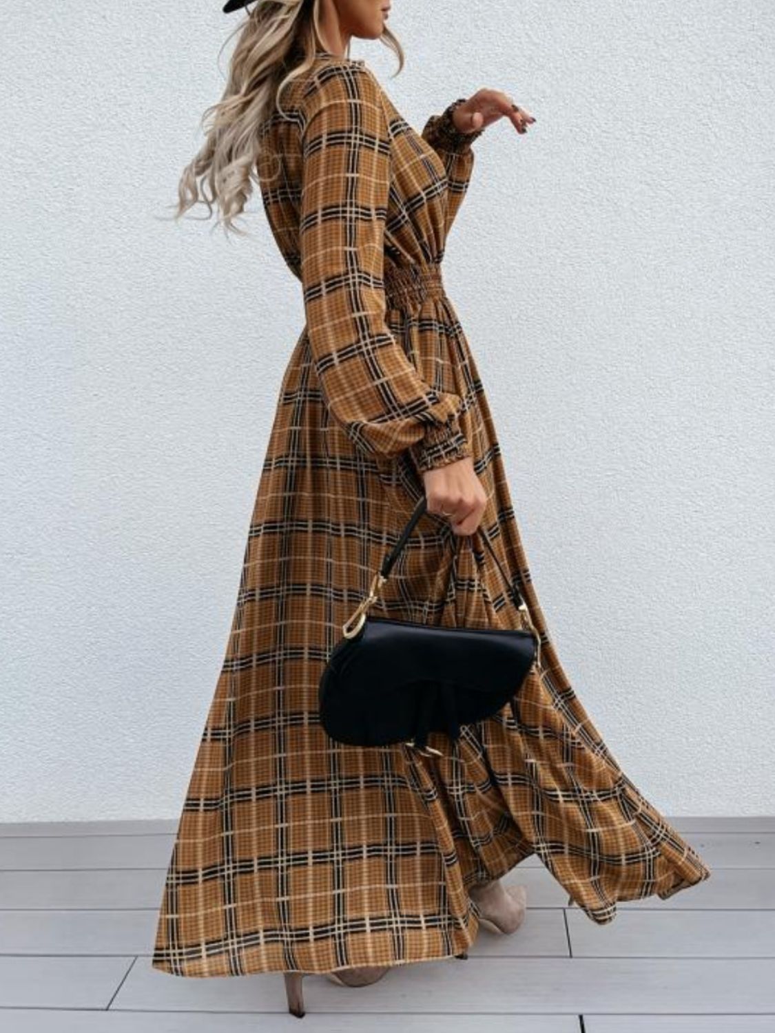 Slit Plaid Tie Neck Long Sleeve Maxi Dress - Flip Flop Dynasty