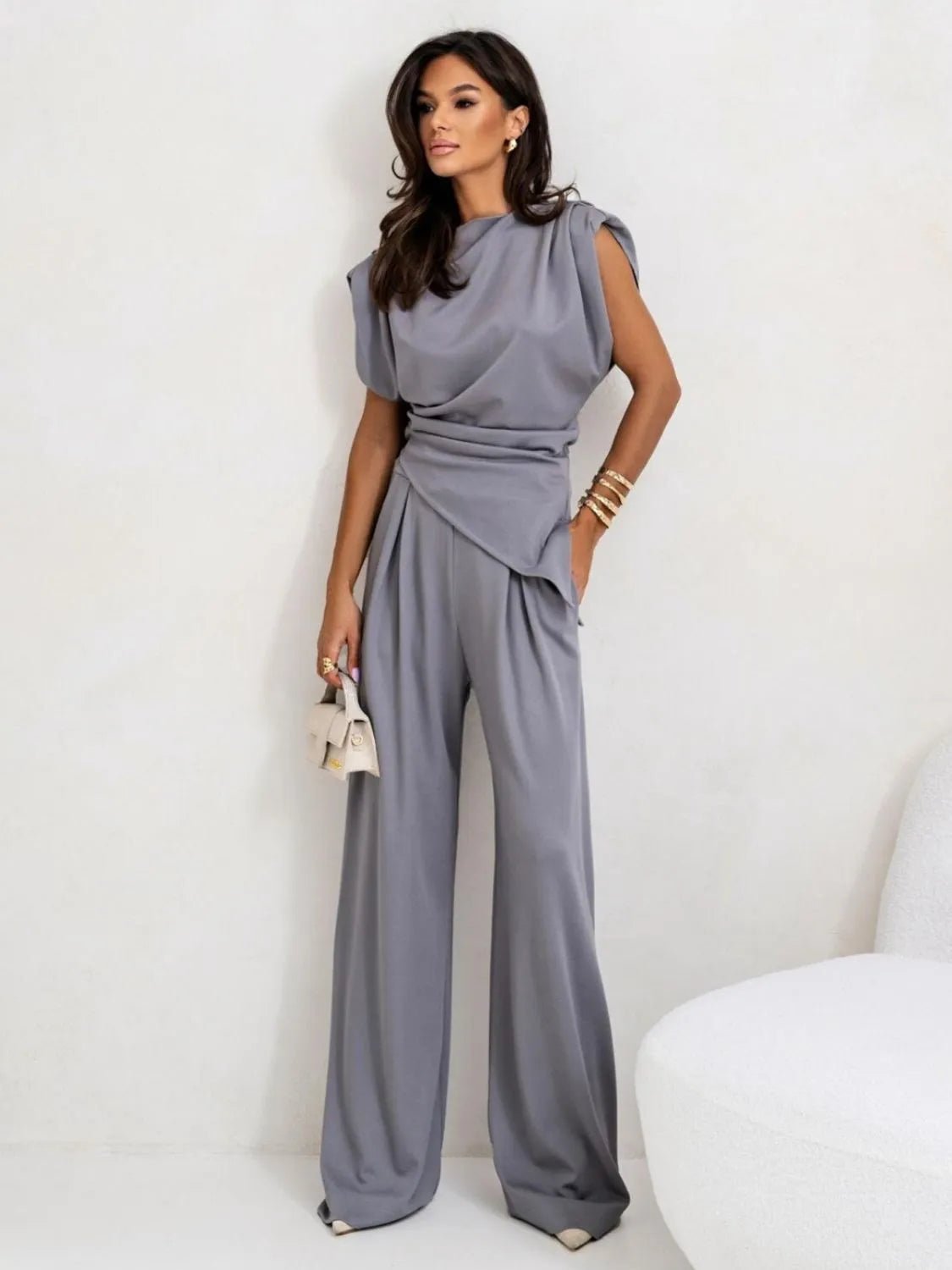 Slit Ruched Top and Wide Leg Pants Set - Flip Flop Dynasty