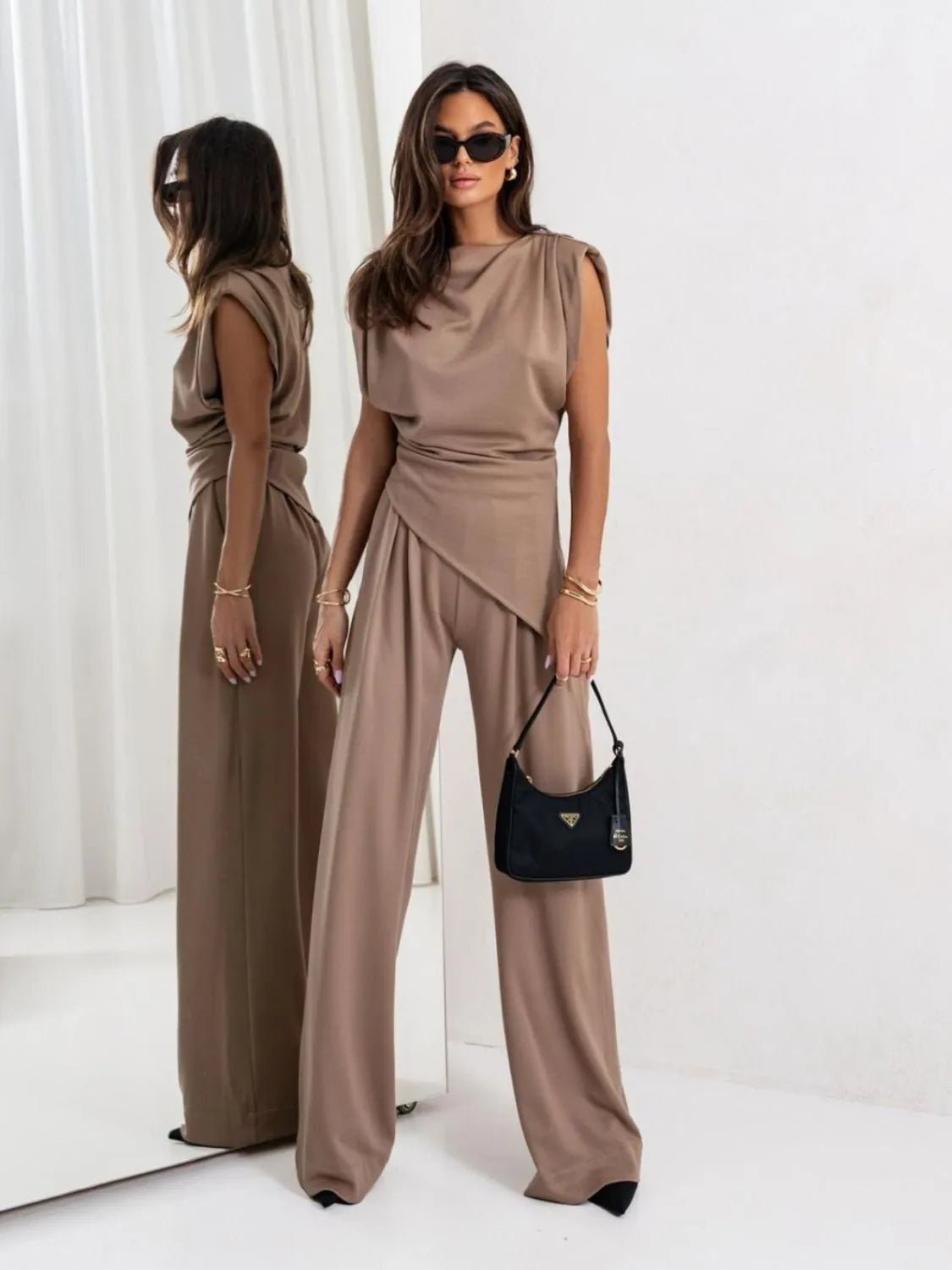 Slit Ruched Top and Wide Leg Pants Set - Flip Flop Dynasty