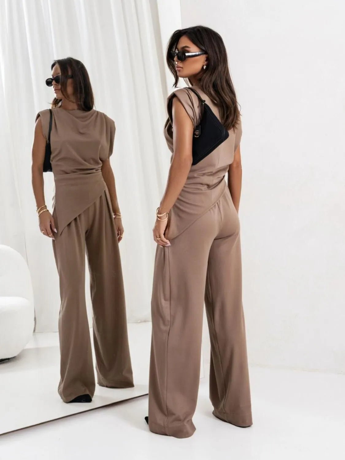 Slit Ruched Top and Wide Leg Pants Set - Flip Flop Dynasty