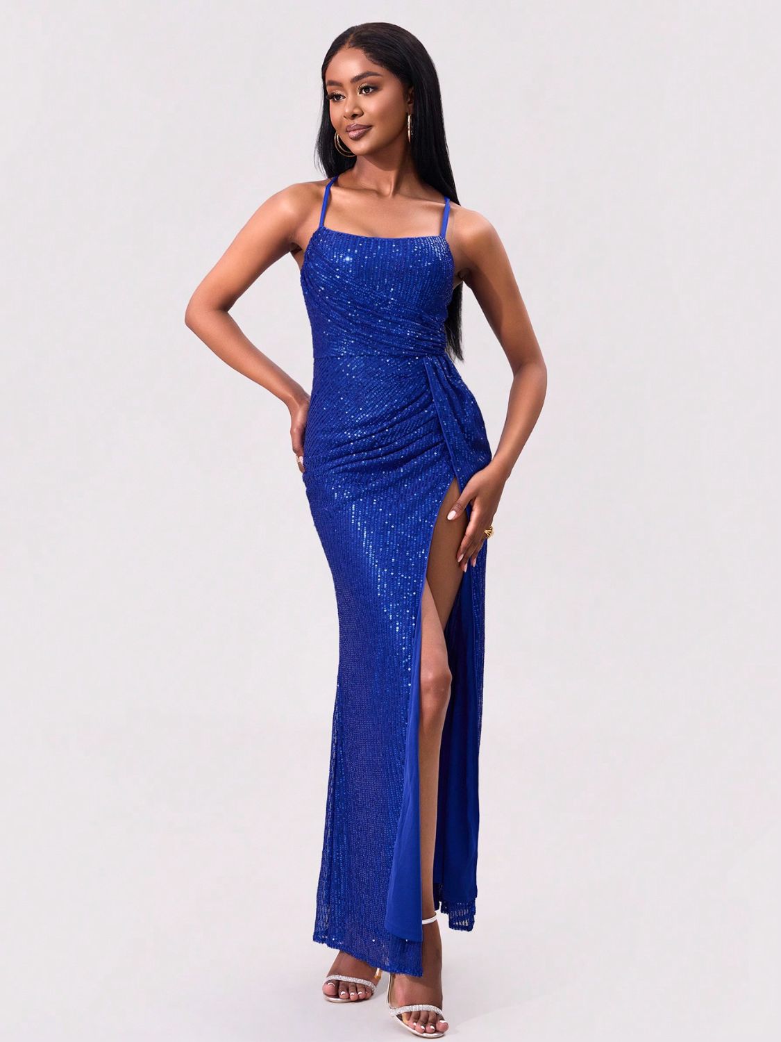 Slit Sequin Square Neck Spaghetti Strap Dress - Flip Flop Dynasty