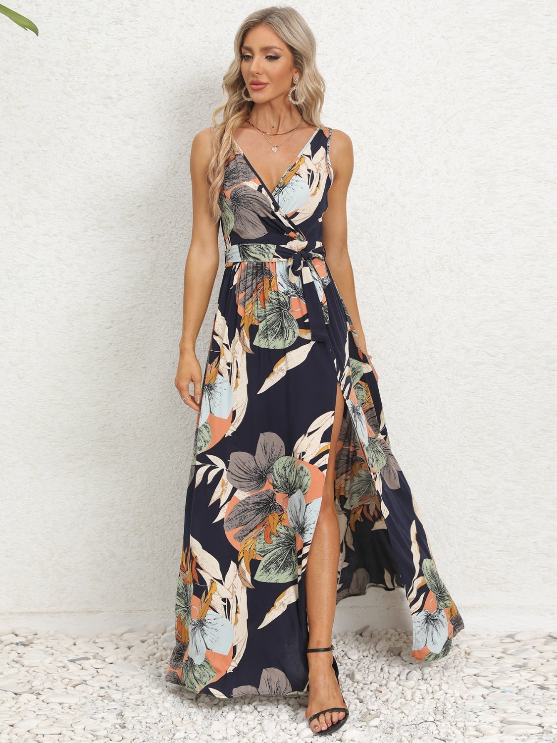 Slit Tied Printed Surplice Dress - Flip Flop Dynasty