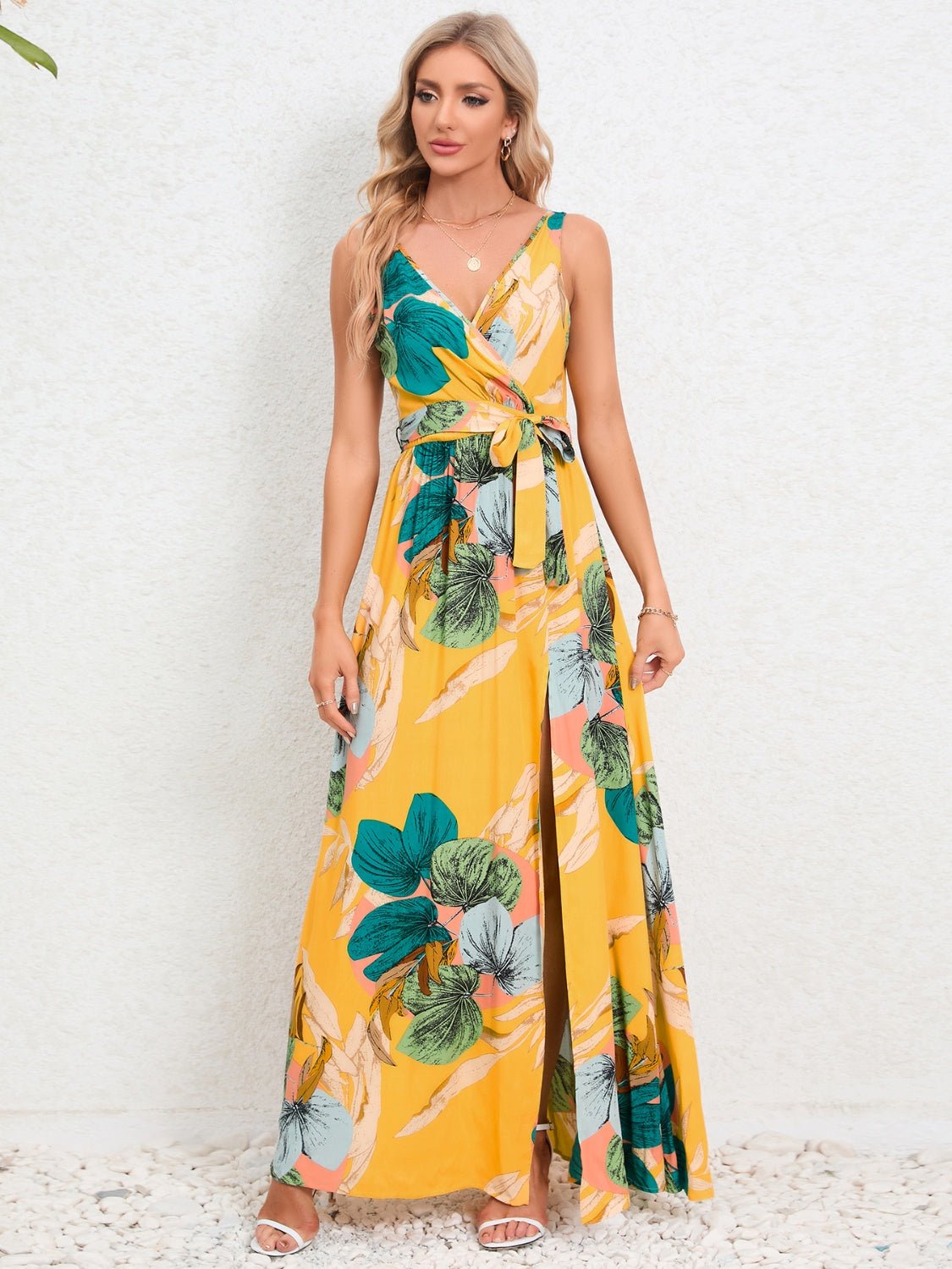 Slit Tied Printed Surplice Dress - Flip Flop Dynasty