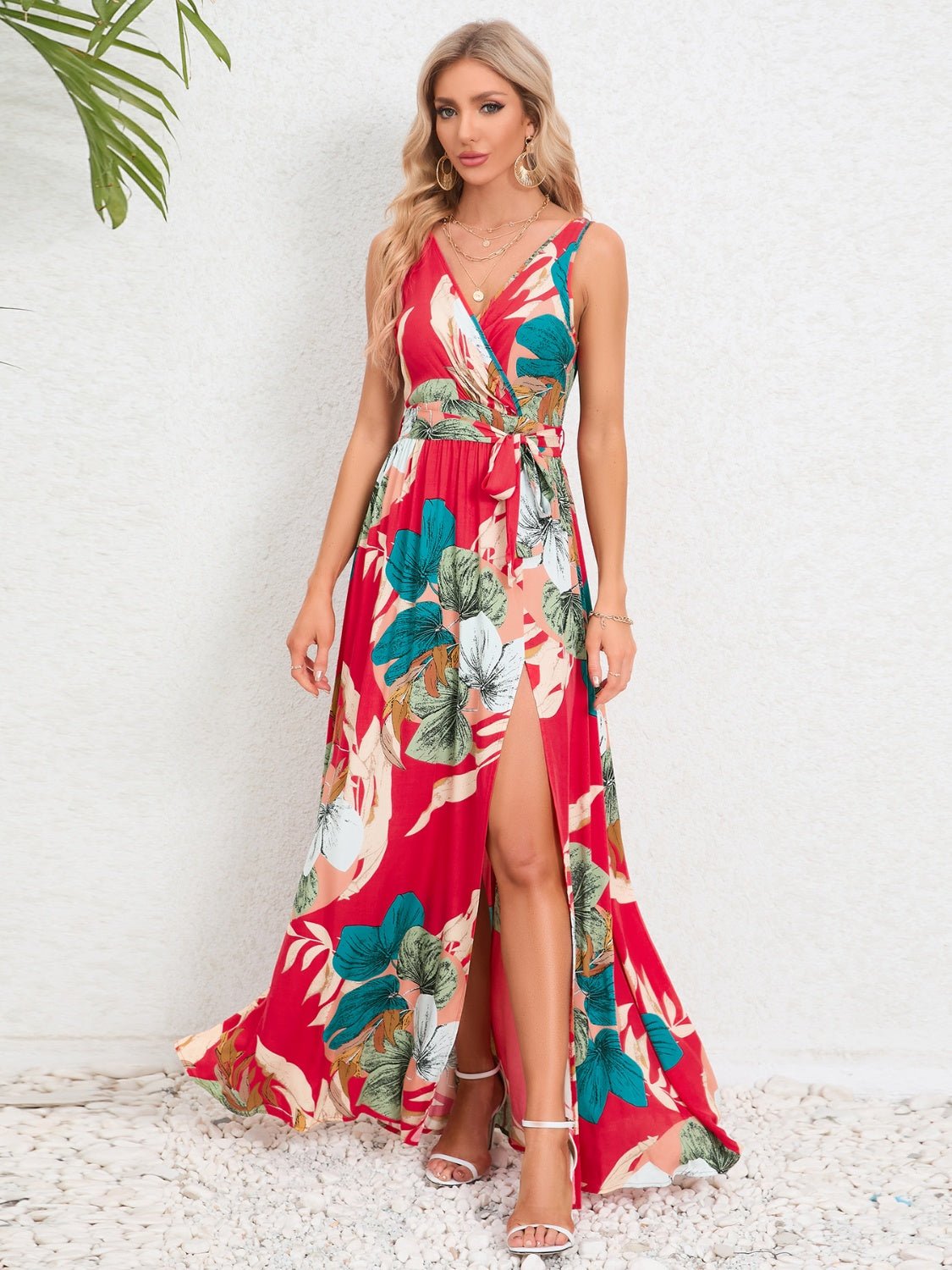 Slit Tied Printed Surplice Dress - Flip Flop Dynasty