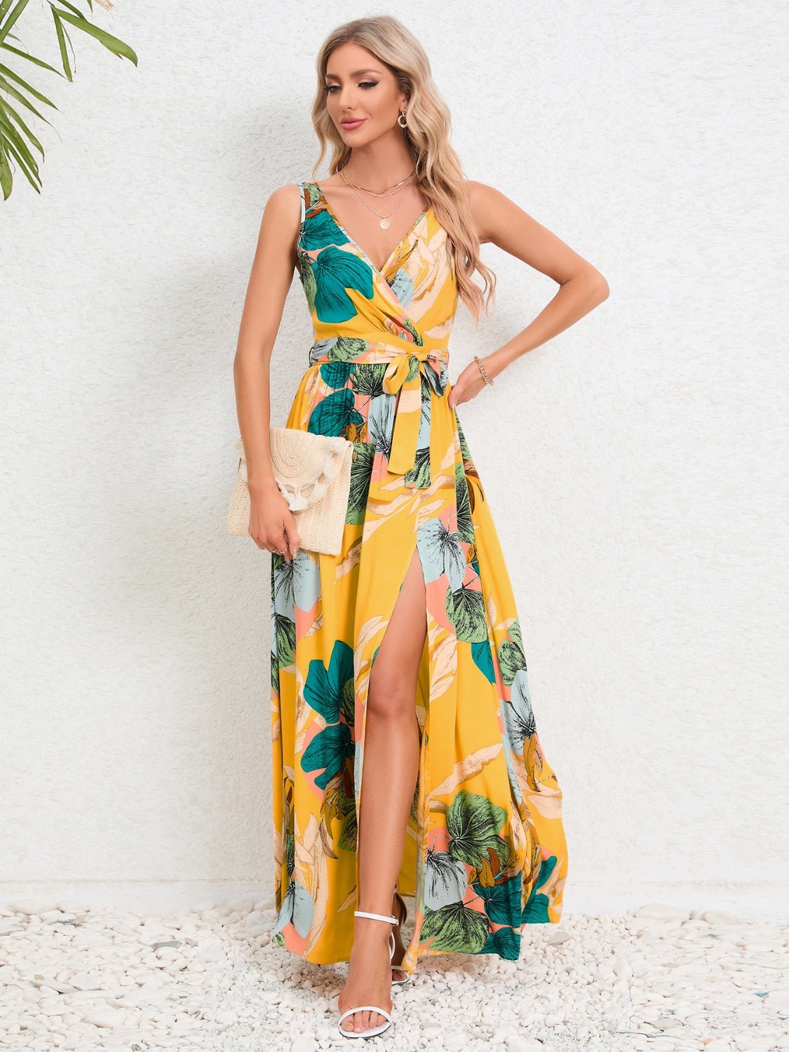 Slit Tied Printed Surplice Dress - Flip Flop Dynasty