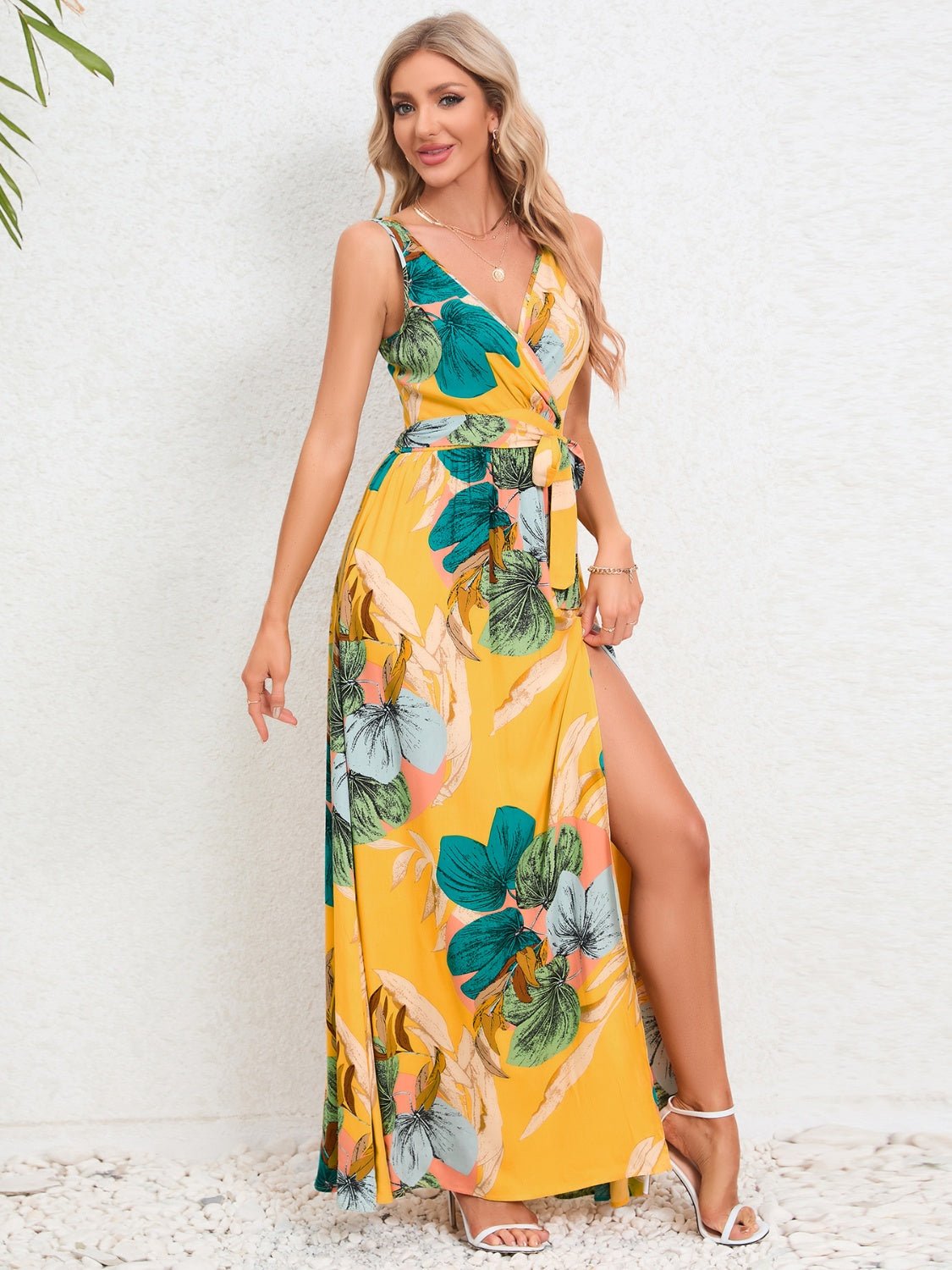 Slit Tied Printed Surplice Dress - Flip Flop Dynasty