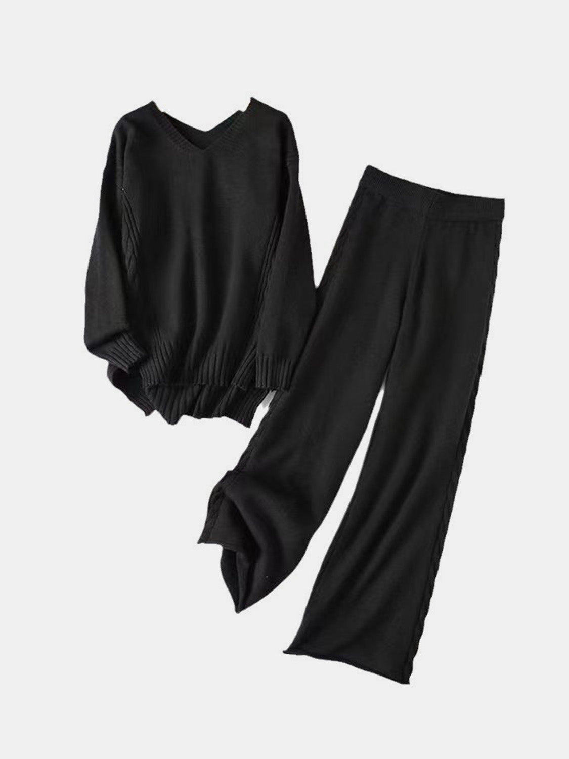 Slit V - Neck Long Sleeve Top and Pants Sweater Set - Flip Flop Dynasty