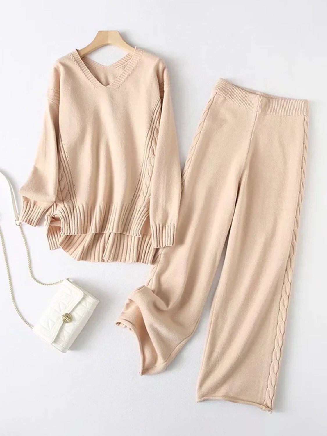 Slit V - Neck Long Sleeve Top and Pants Sweater Set - Flip Flop Dynasty