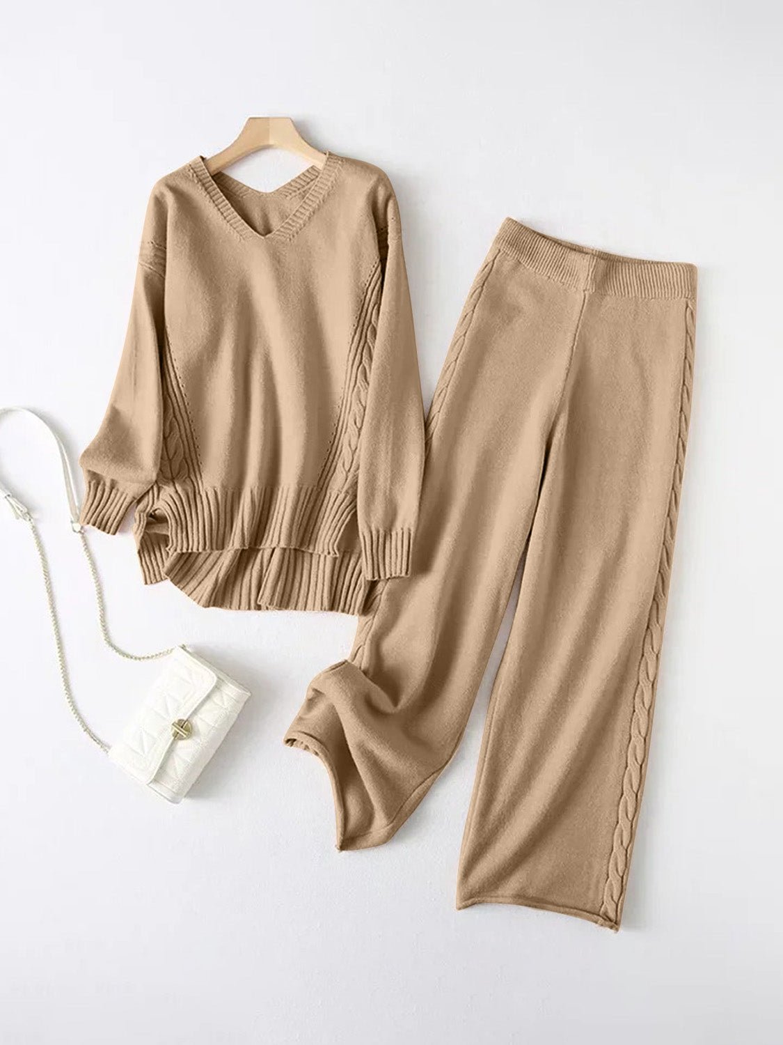 Slit V - Neck Long Sleeve Top and Pants Sweater Set - Flip Flop Dynasty