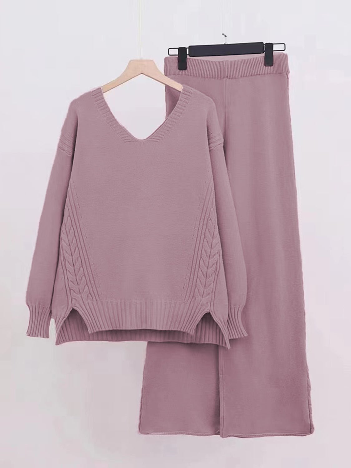 Slit V - Neck Long Sleeve Top and Pants Sweater Set - Flip Flop Dynasty