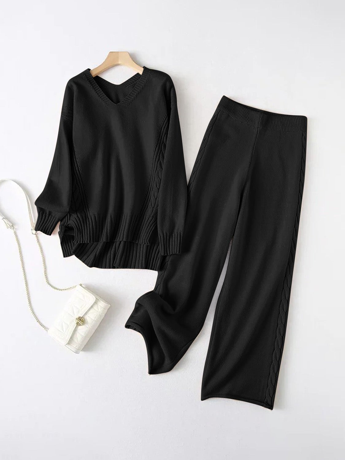 Slit V - Neck Long Sleeve Top and Pants Sweater Set - Flip Flop Dynasty