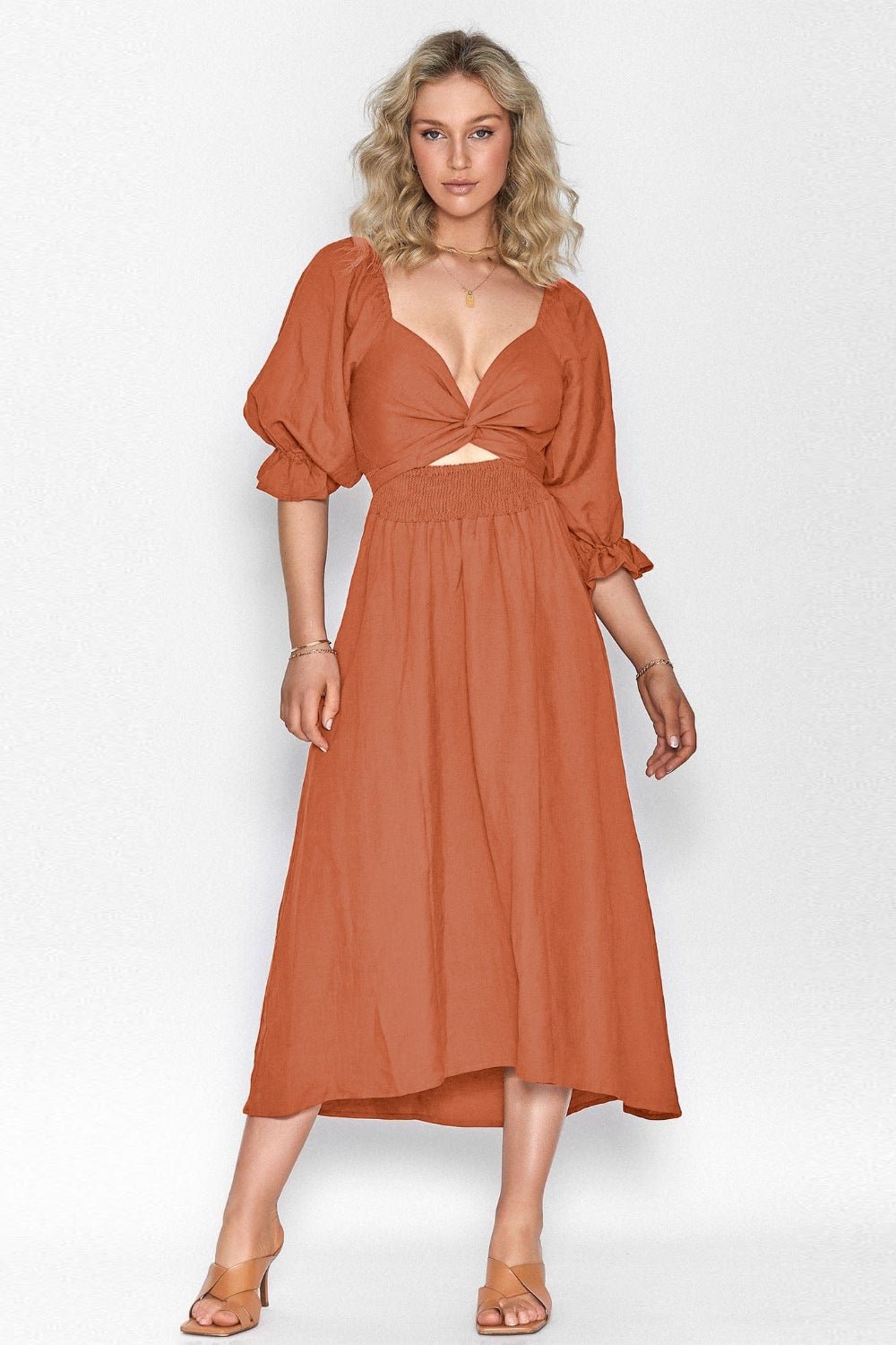Smocked Tied Flounce Sleeve Midi Dress - Flip Flop Dynasty