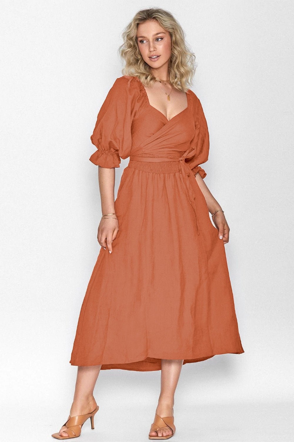 Smocked Tied Flounce Sleeve Midi Dress - Flip Flop Dynasty