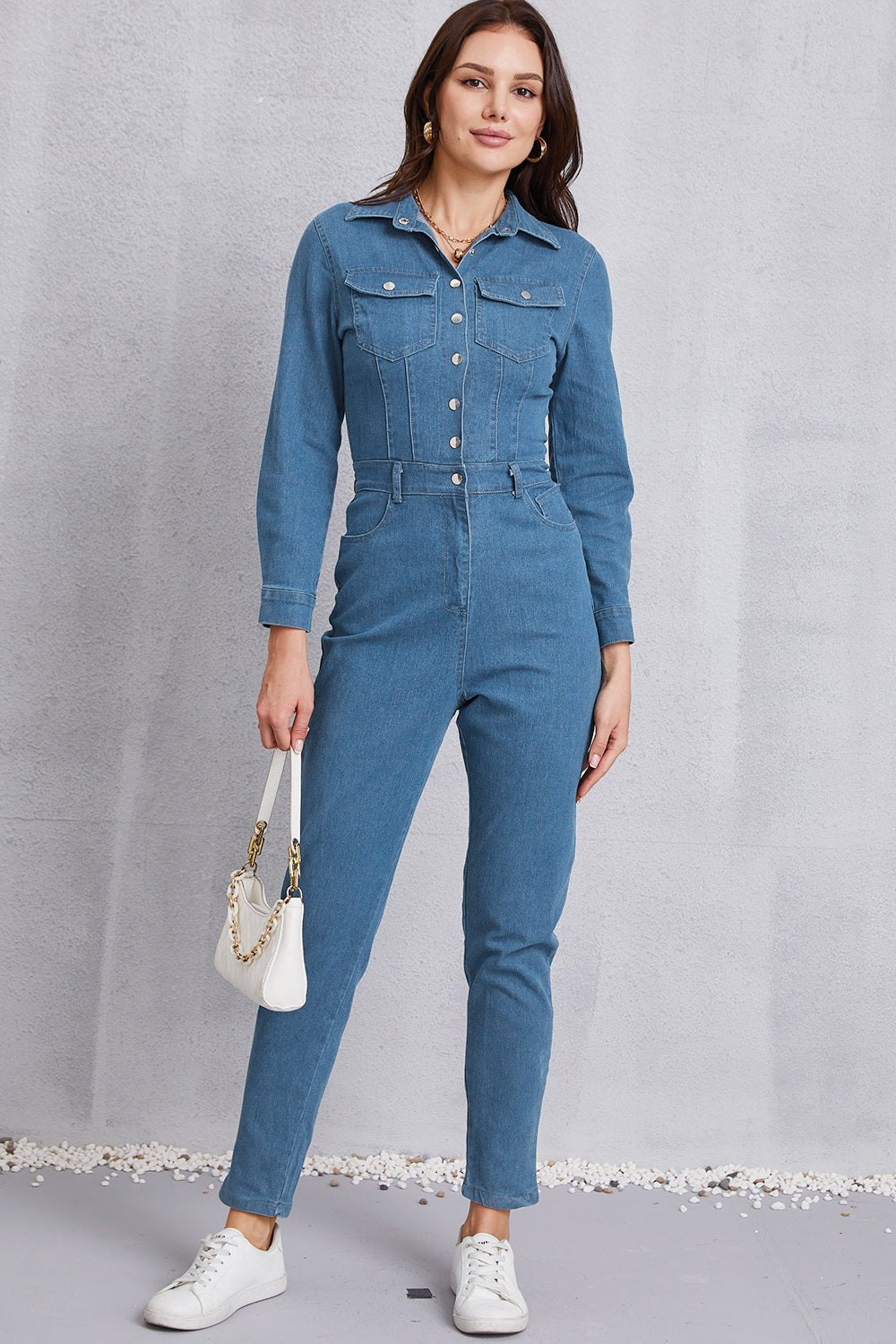 Snap Down Denim Jumpsuit with Pockets - Flip Flop Dynasty