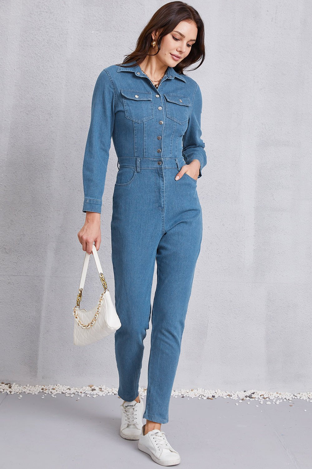 Snap Down Denim Jumpsuit with Pockets - Flip Flop Dynasty
