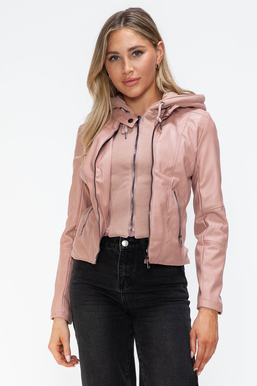 Snobbish Faux Leather Zip Up Drawstring Hooded Jacket - Flip Flop Dynasty