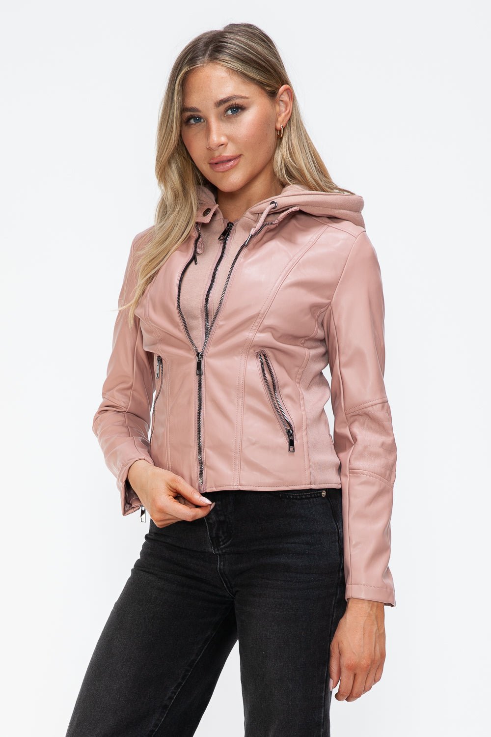 Snobbish Faux Leather Zip Up Drawstring Hooded Jacket - Flip Flop Dynasty