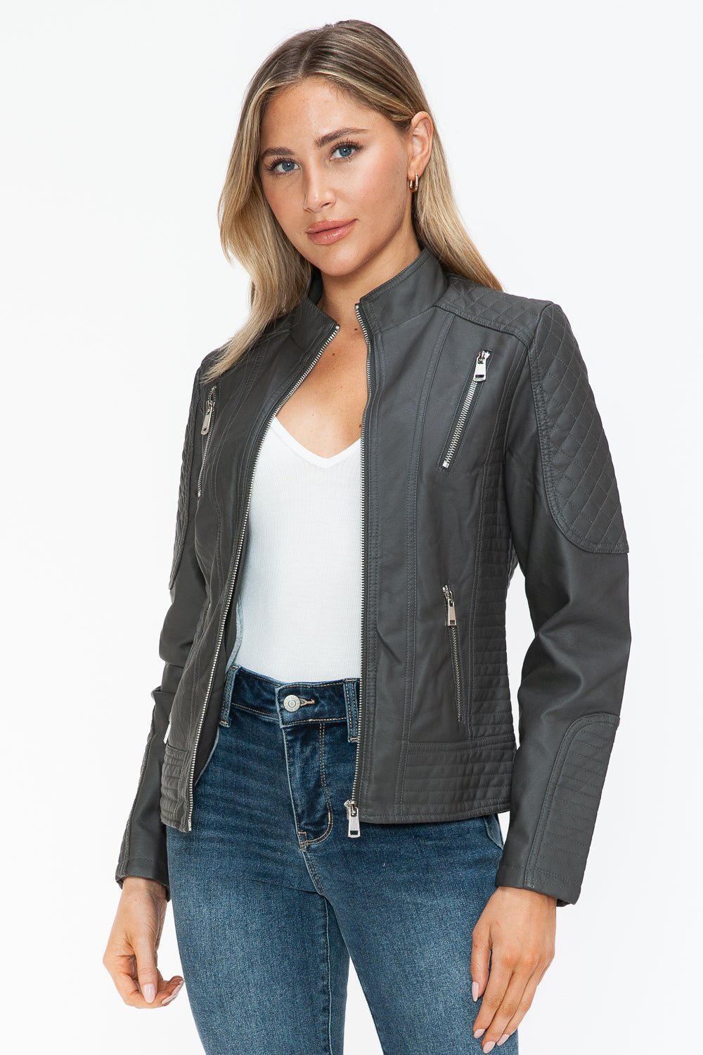 Snobbish Faux Leather Zip Up Mock Neck Jacket - Flip Flop Dynasty