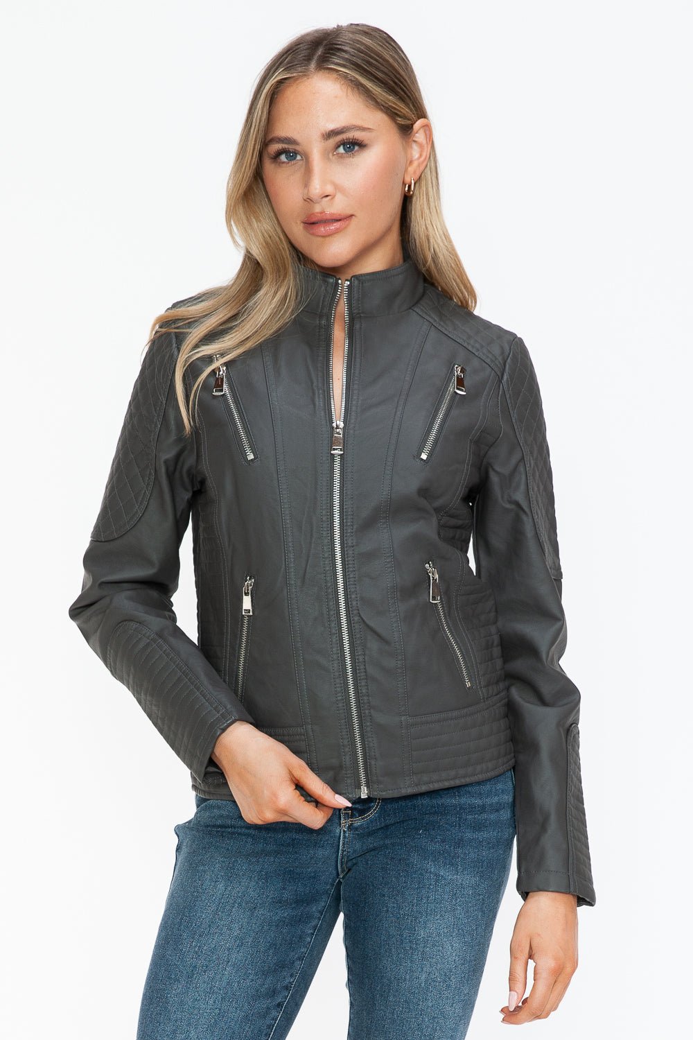 Snobbish Faux Leather Zip Up Mock Neck Jacket - Flip Flop Dynasty