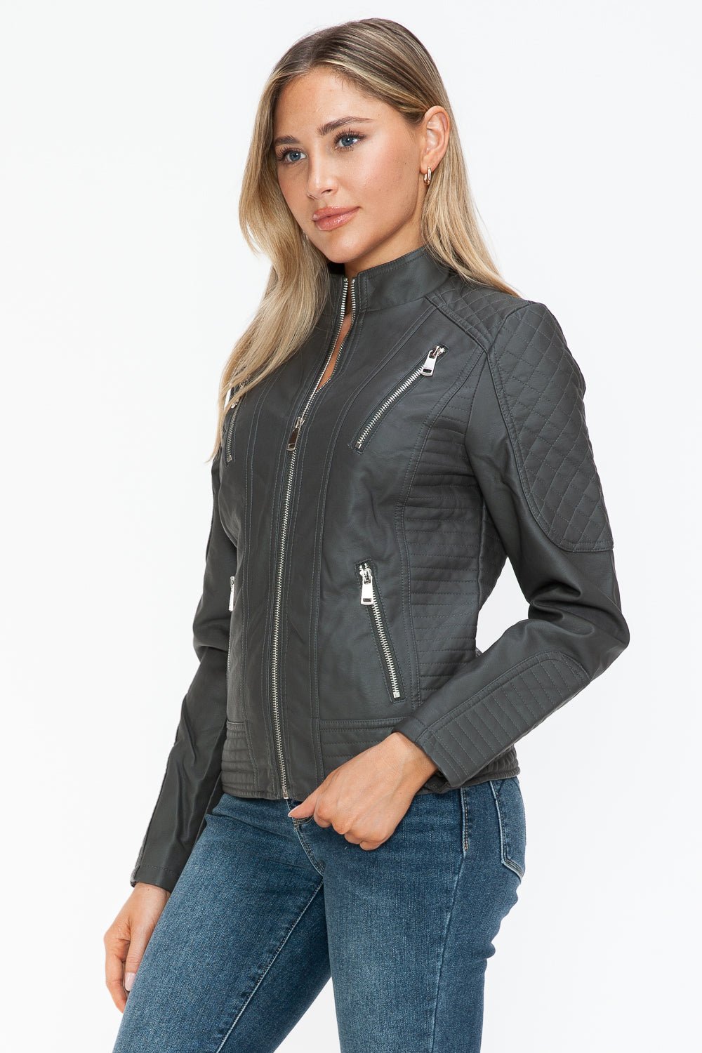 Snobbish Faux Leather Zip Up Mock Neck Jacket - Flip Flop Dynasty