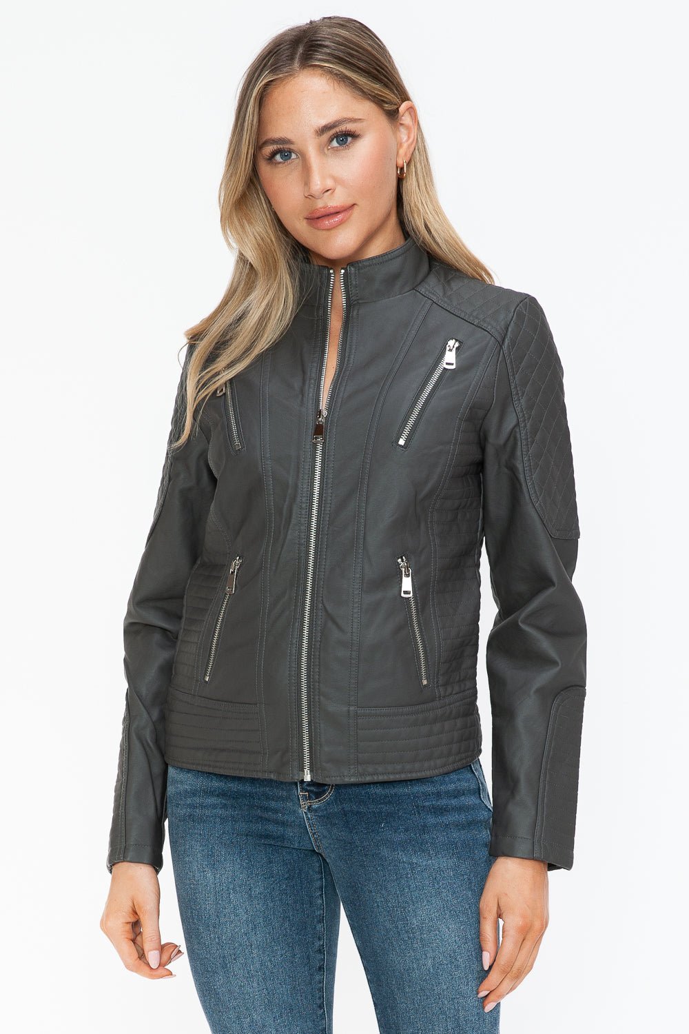 Snobbish Faux Leather Zip Up Mock Neck Jacket - Flip Flop Dynasty