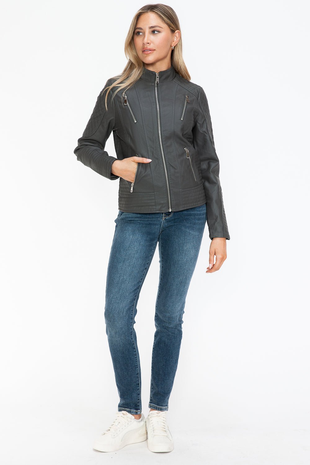 Snobbish Faux Leather Zip Up Mock Neck Jacket - Flip Flop Dynasty