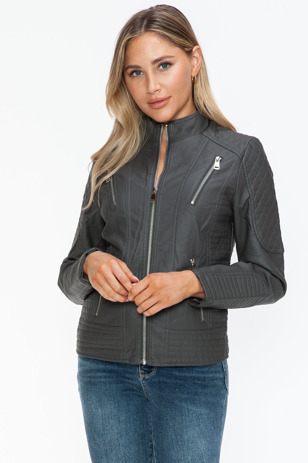 Snobbish Faux Leather Zip Up Mock Neck Jacket - Flip Flop Dynasty