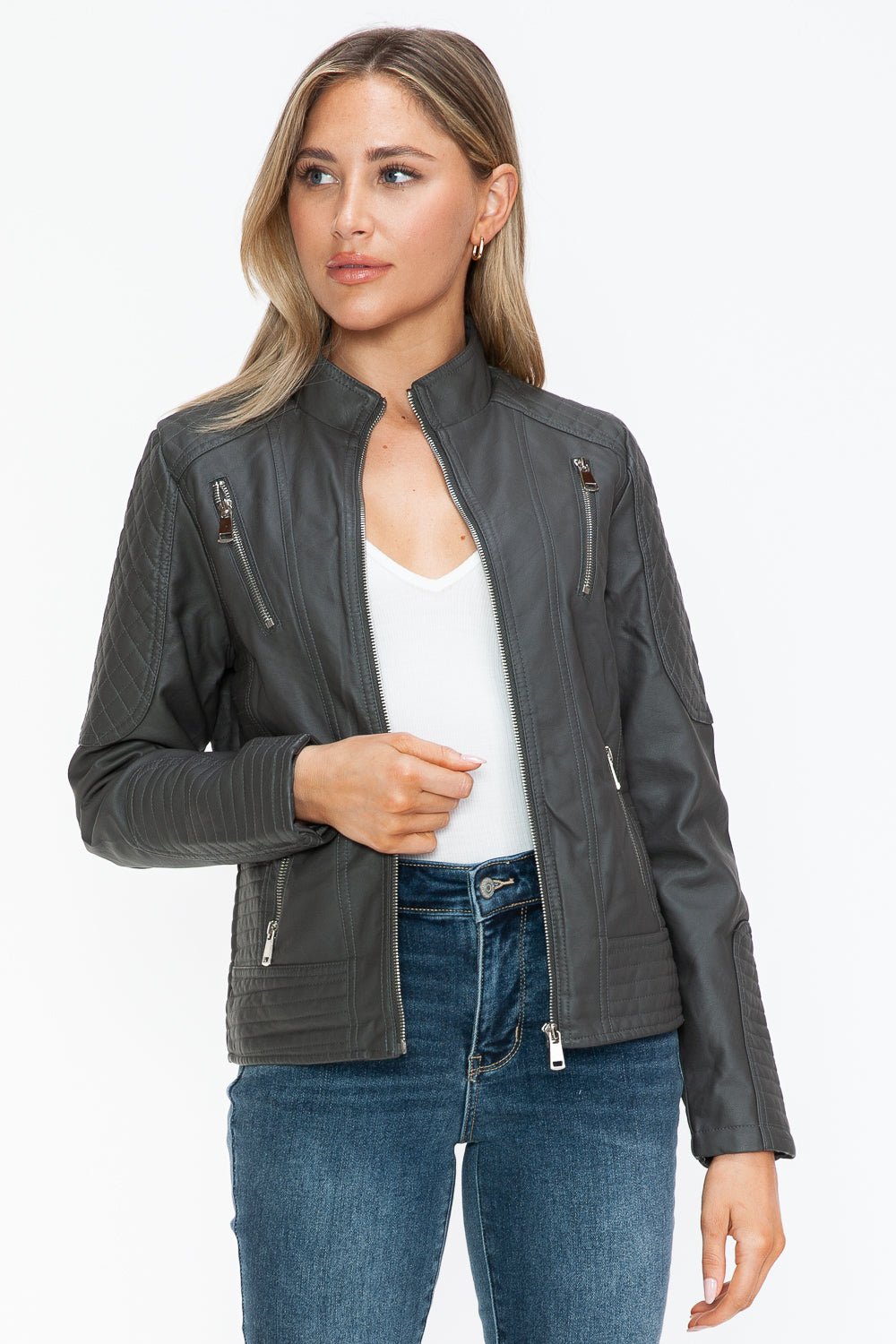 Snobbish Faux Leather Zip Up Mock Neck Jacket - Flip Flop Dynasty