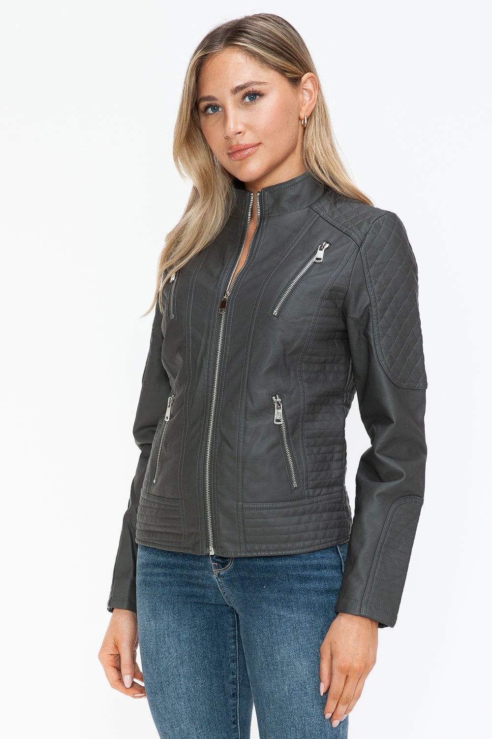 Snobbish Faux Leather Zip Up Mock Neck Jacket - Flip Flop Dynasty