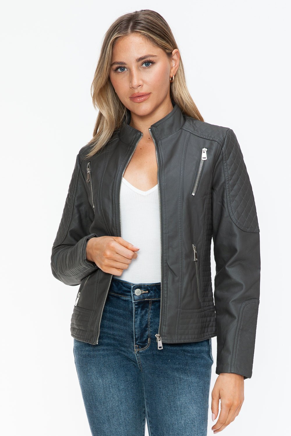 Snobbish Faux Leather Zip Up Mock Neck Jacket - Flip Flop Dynasty