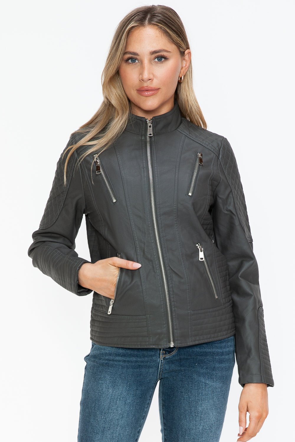 Snobbish Faux Leather Zip Up Mock Neck Jacket - Flip Flop Dynasty