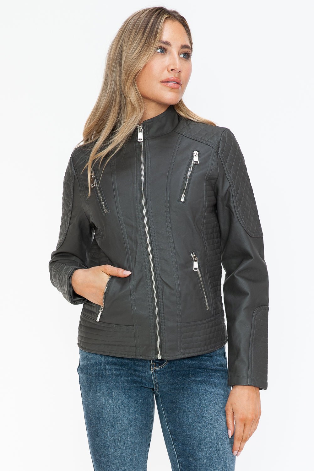 Snobbish Faux Leather Zip Up Mock Neck Jacket - Flip Flop Dynasty