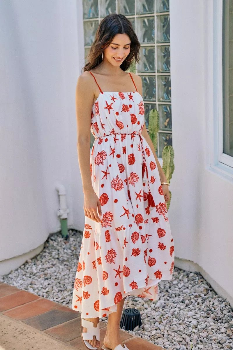 SO ME Shell Print Tiered Lined Midi Cami Dress With Belt - Flip Flop Dynasty
