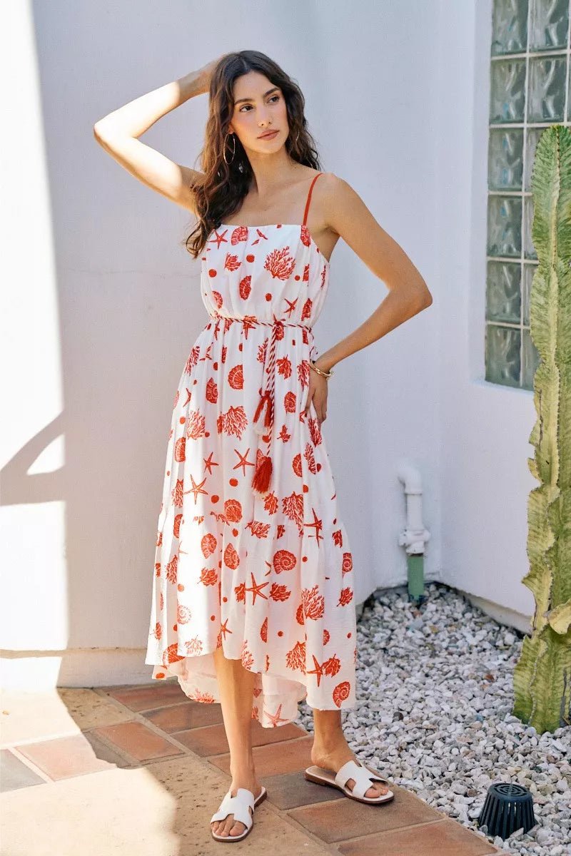 SO ME Shell Print Tiered Lined Midi Cami Dress With Belt - Flip Flop Dynasty