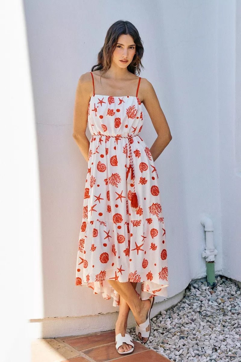 SO ME Shell Print Tiered Lined Midi Cami Dress With Belt - Flip Flop Dynasty