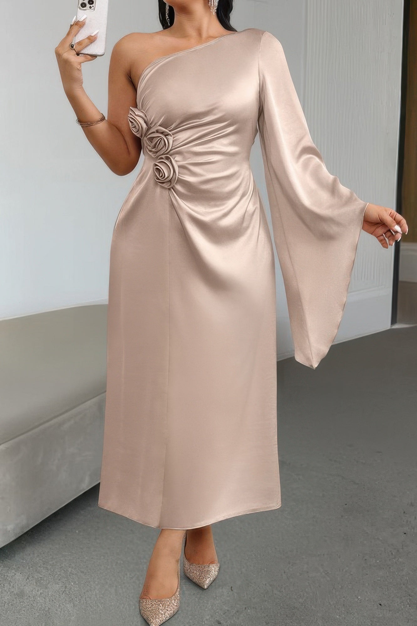 Solid Asymmetric Floral Ruched Flared Sleeve Dress - Flip Flop Dynasty