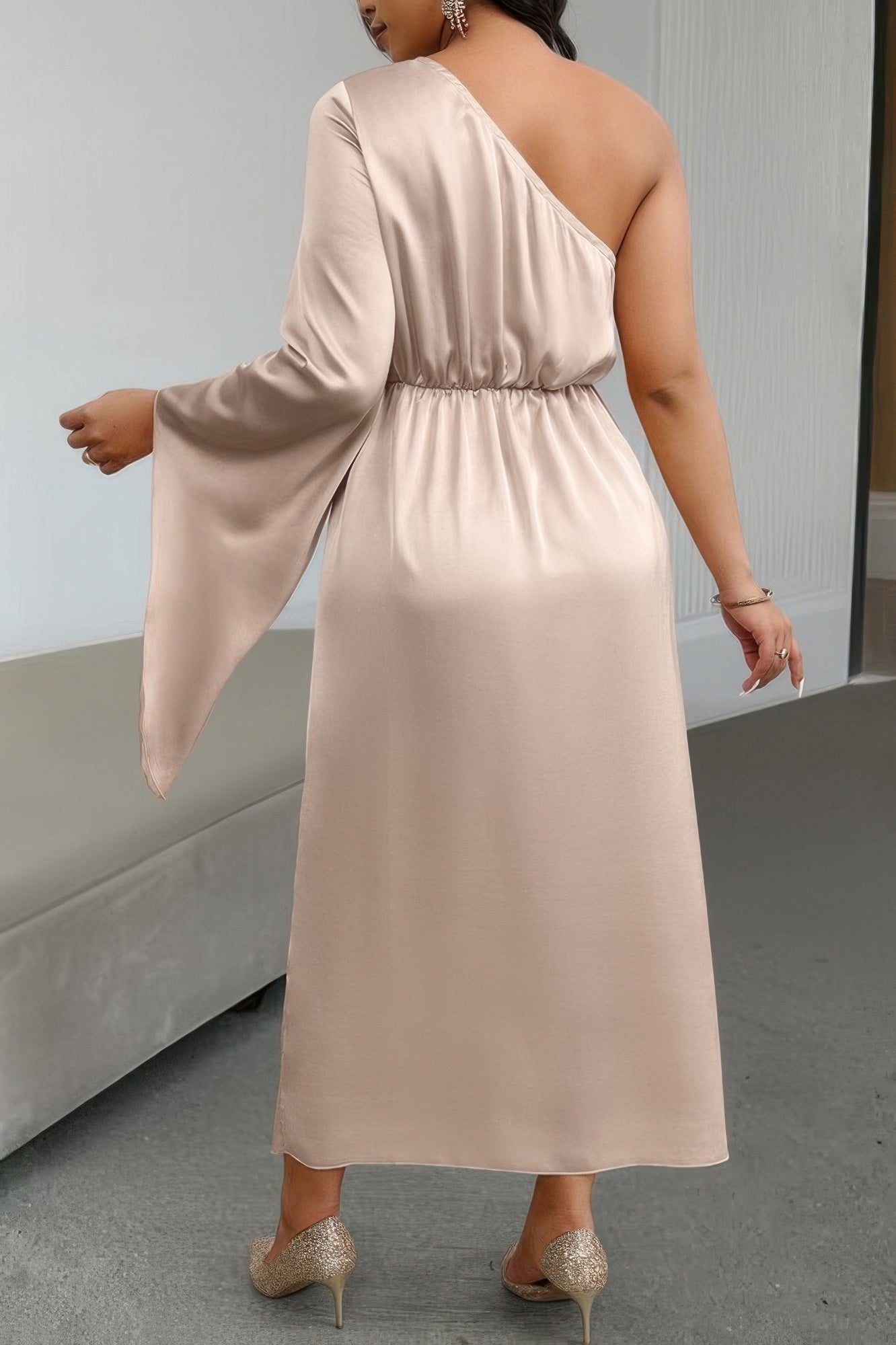 Solid Asymmetric Floral Ruched Flared Sleeve Dress - Flip Flop Dynasty