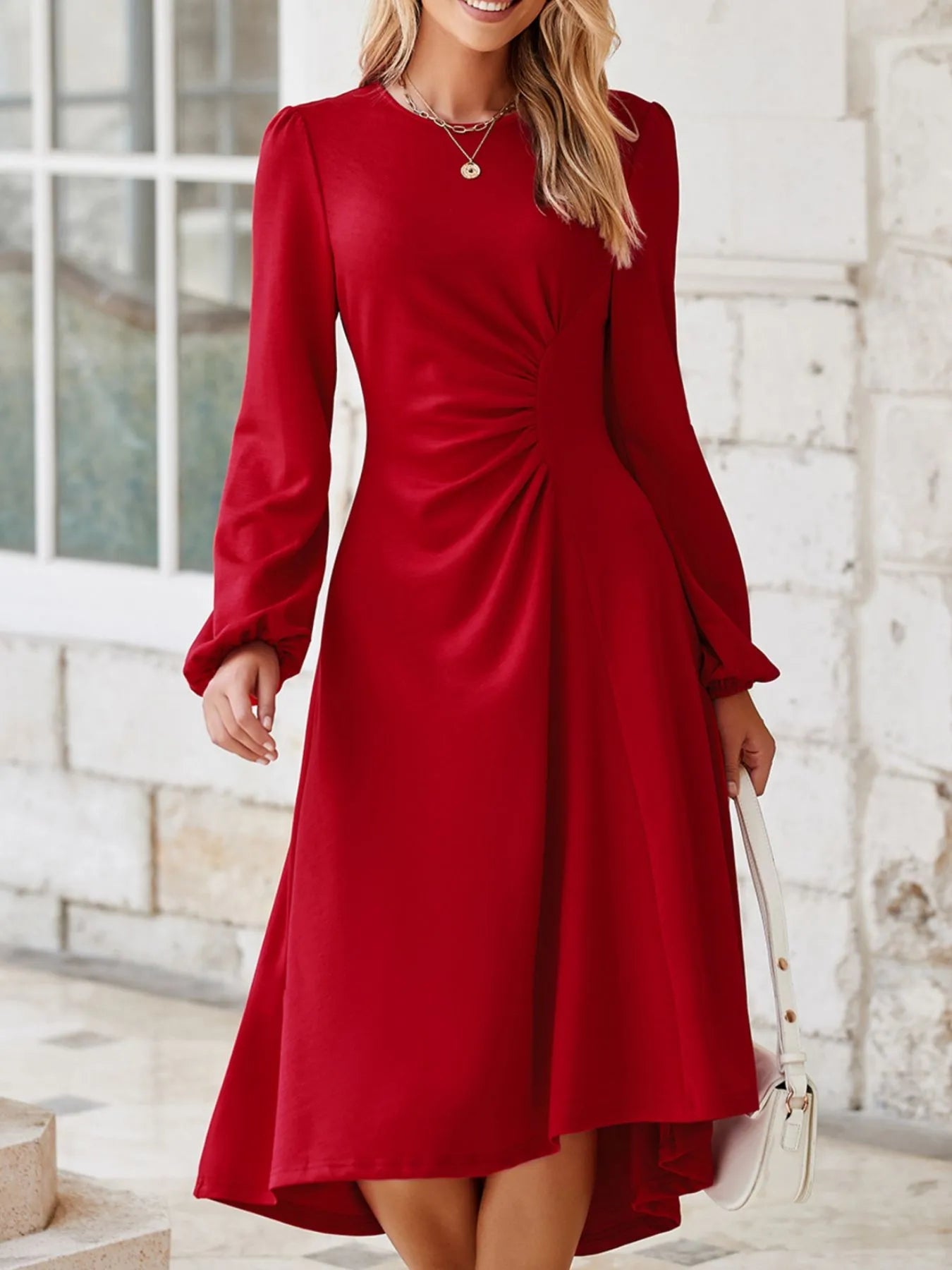 Solid Color Ruched Detail Long Sleeve Midi Dress - Flip Flop Dynasty