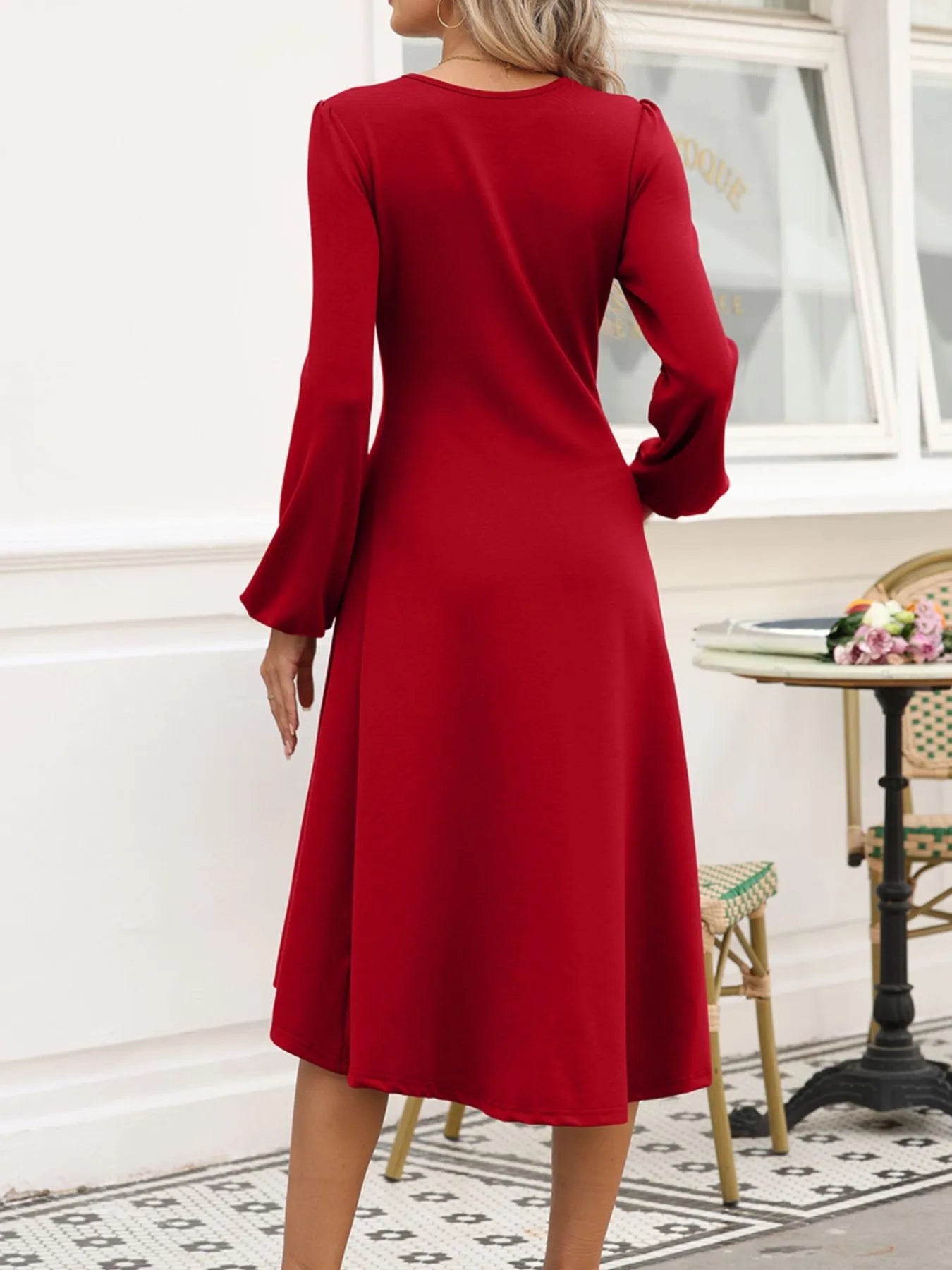 Solid Color Ruched Detail Long Sleeve Midi Dress - Flip Flop Dynasty
