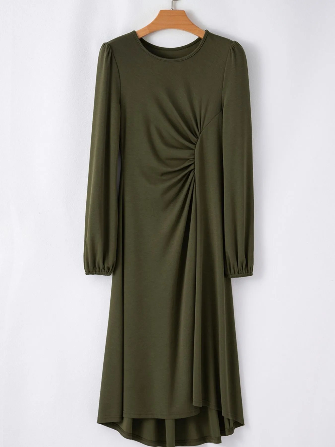 Solid Color Ruched Detail Long Sleeve Midi Dress - Flip Flop Dynasty