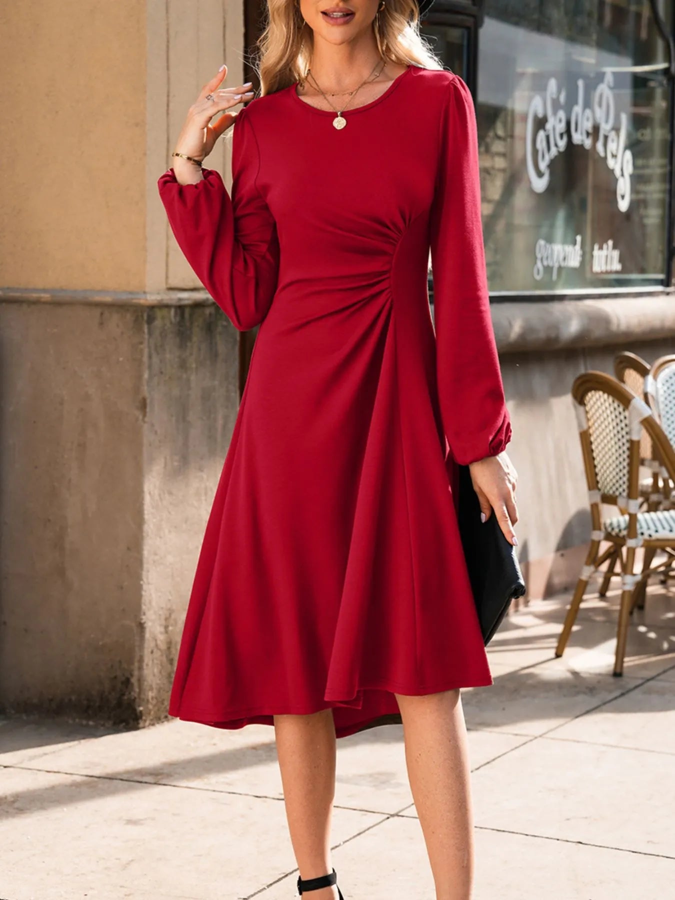 Solid Color Ruched Detail Long Sleeve Midi Dress - Flip Flop Dynasty